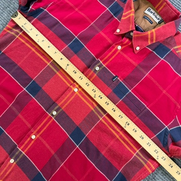 Barbour John Tailored Fit Plaid Button Down Flannel Shirt Men Large Red Navy - Picture 13 of 16